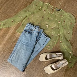 Embroidered Green Organza Top
